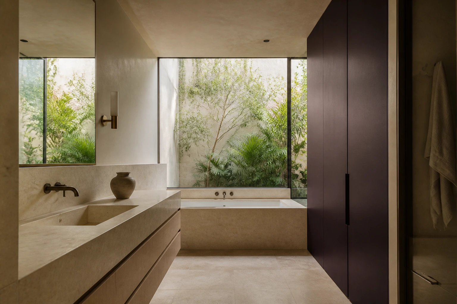 Courtyard bathroom with honed stone vanity, aubergine storage and aged bronze fittings