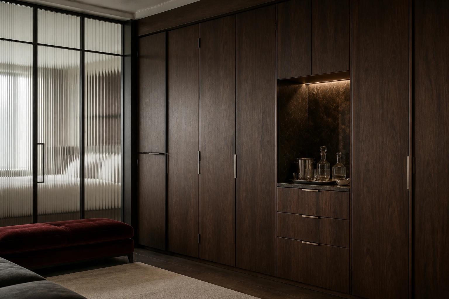Dark-walnut joinery, fluted-glass screen and integrated hospitality niche