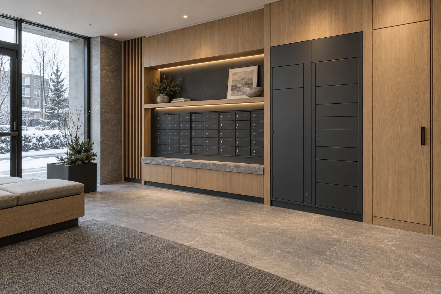 Canadian multi-unit residential lobby with oak parcel lockers, service doors and fitted storage millwork