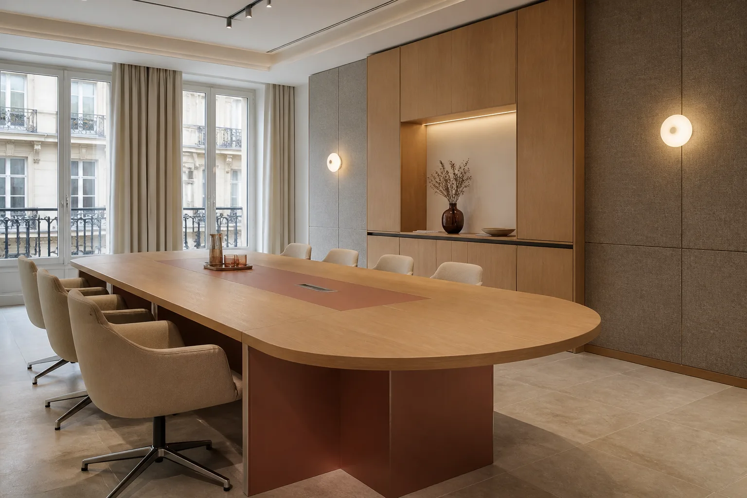 Salle de réunion contemporaine à Paris avec table de conférence en chêne, gestion des câbles et mobilier intégré