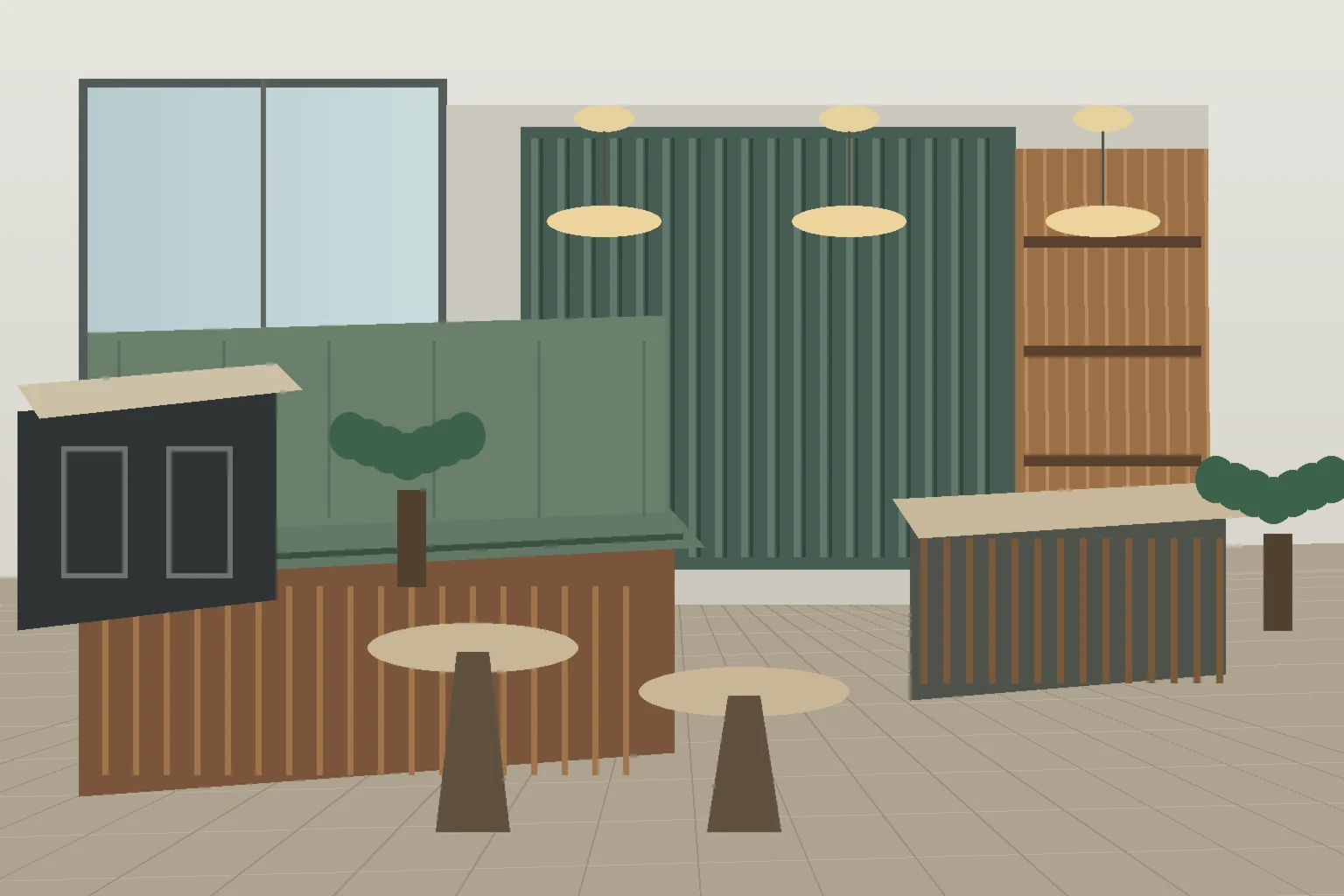Irish hospitality interior with oak banquette, fluted wall panels, host counter and bar joinery