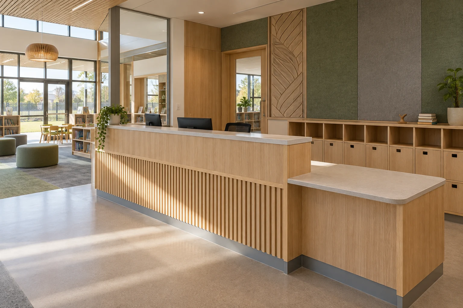 New Zealand school reception with timber counter, low cubby storage and acoustic wall panels