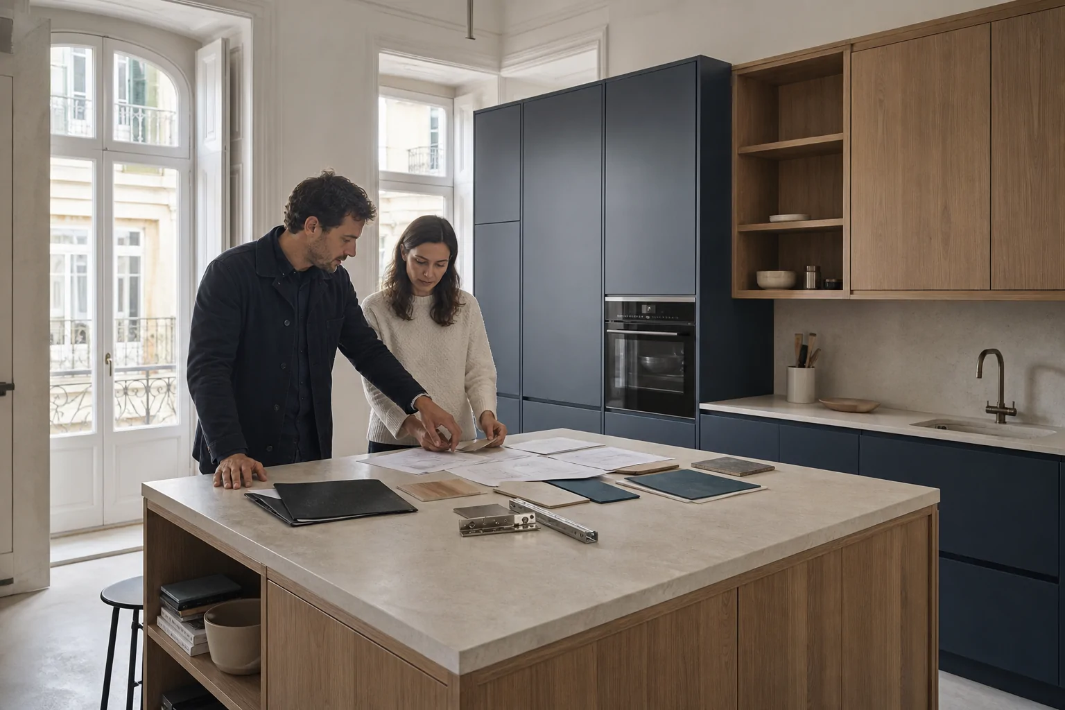 Arquiteto e gestora de projeto comparam amostras, ferragens e propostas numa cozinha por medida em Lisboa