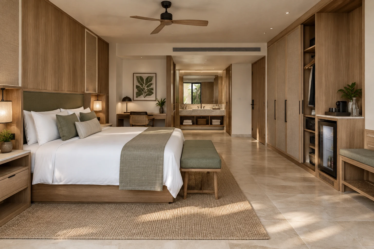 Habitación de hotel en República Dominicana con cabecero, clóset, banco de equipaje, escritorio y minibar integrados
