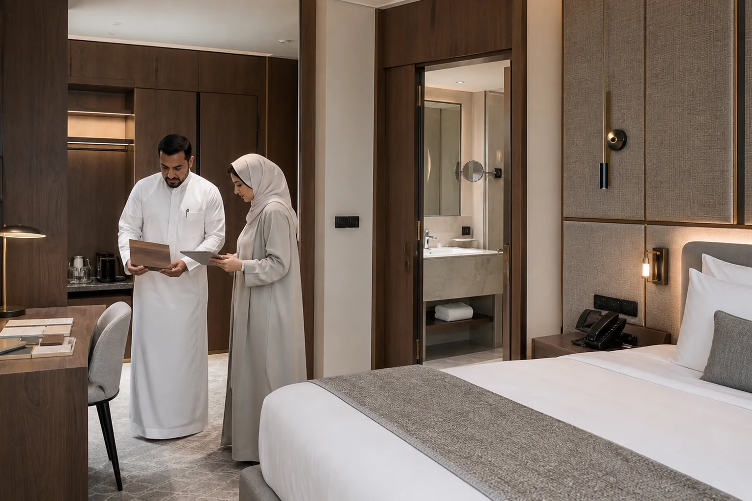 فريق مشروع يراجع عينات النجارة والأثاث الثابت داخل غرفة فندقية نموذجية في الرياض