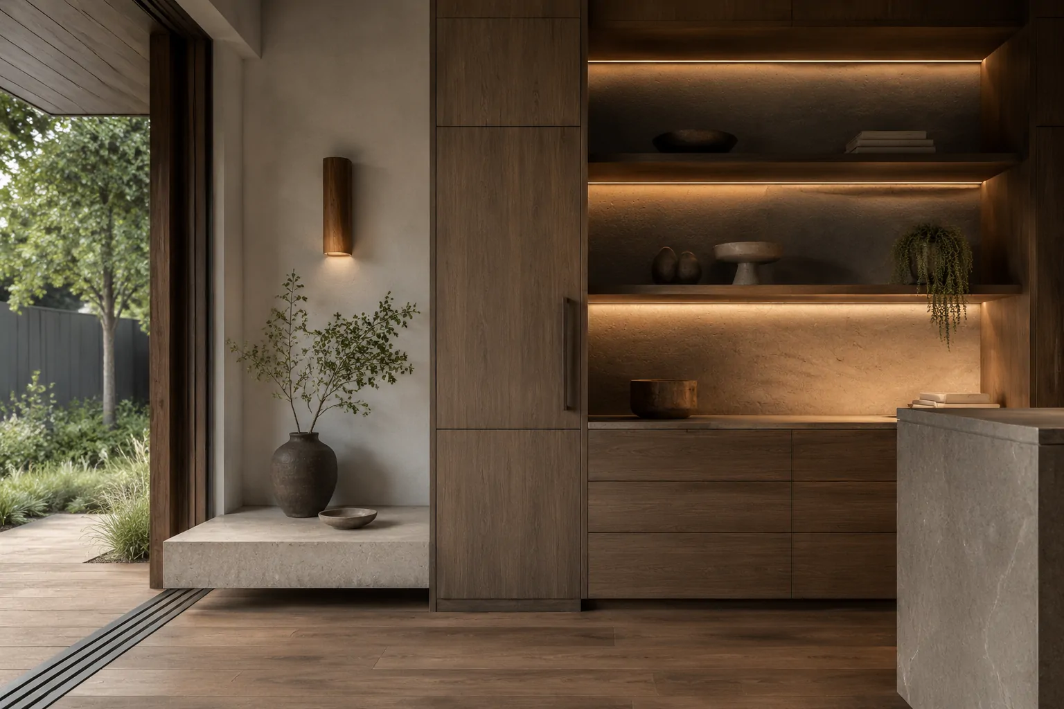 Dark-walnut custom joinery, fluted-glass screen and integrated storage niche